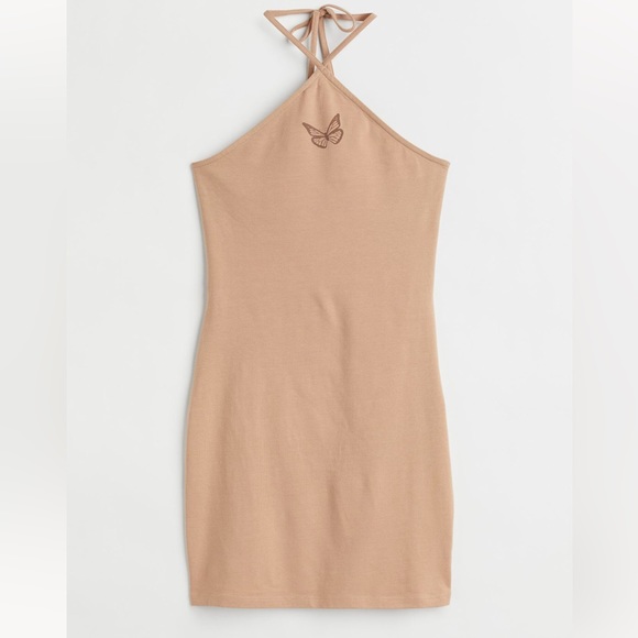 H&M NWT Women’s Halterneck Bodycon Dress Beige/butterfly Size Medium - Picture 5 of 8